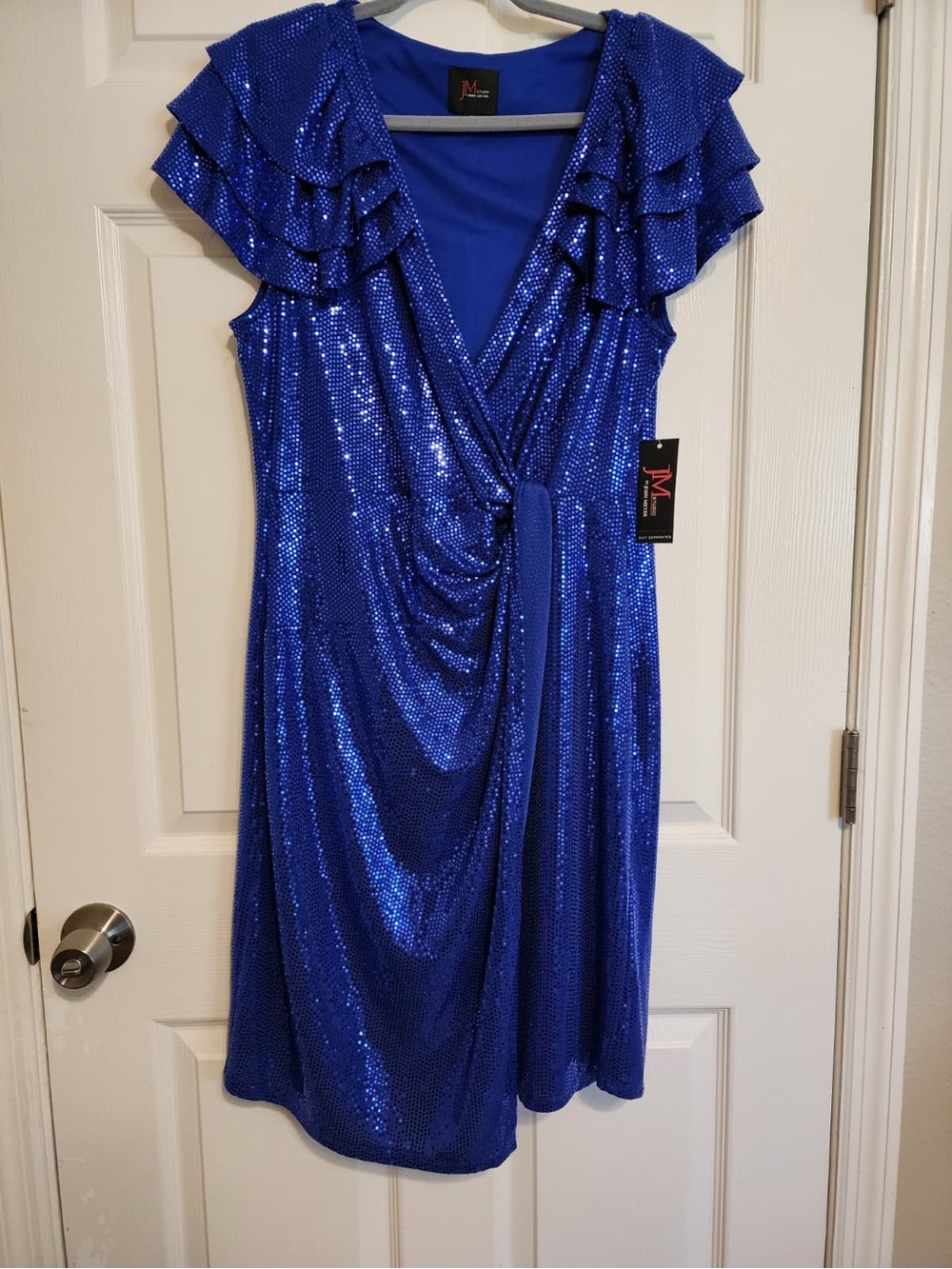 Blue Sequin Wrap Dress with Ruffled Sleeves